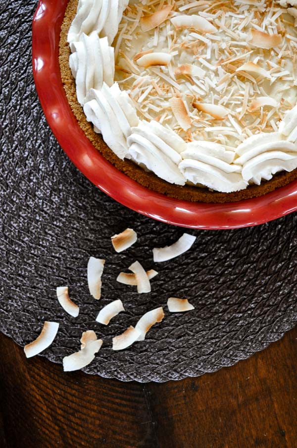 Coconut Cream Pie on a placemat then on a coffee table