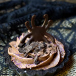 A chocolate mousse tart garnished with a dark chocolate spider.