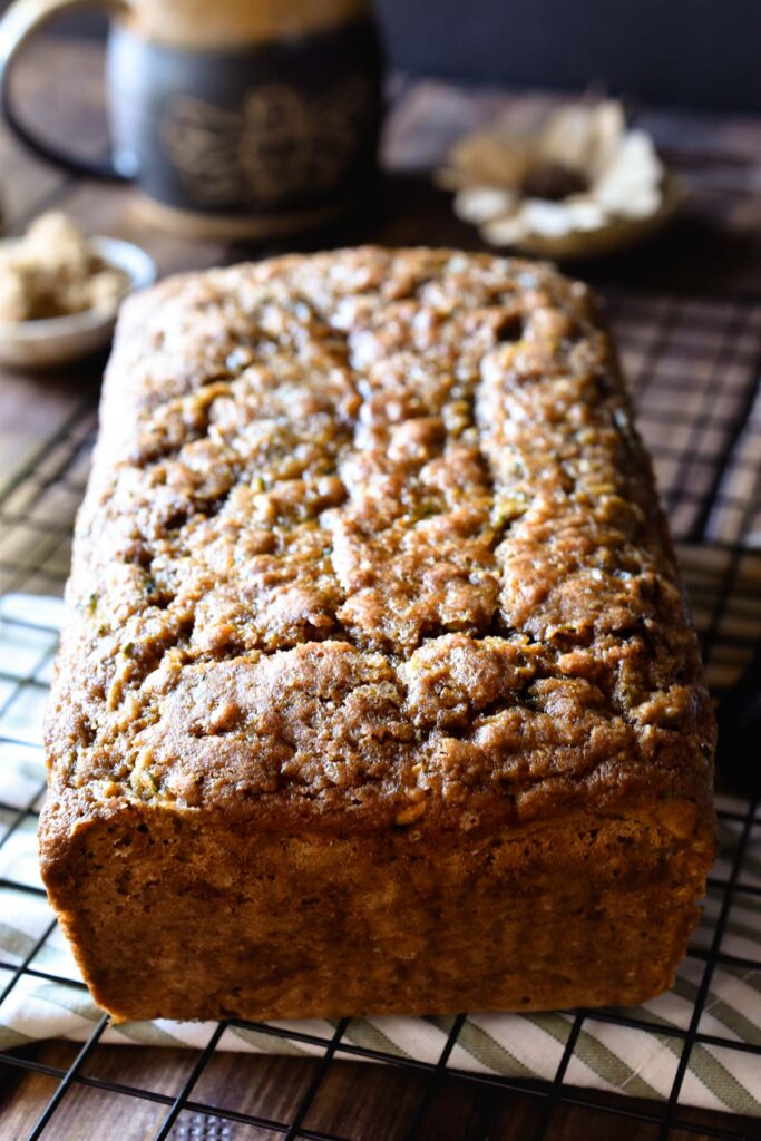 A close up front view of 100% Whole Grain Zucchini Bread.