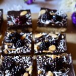 A close of two rows of cut Chocolate Blackberry Shortbread bars