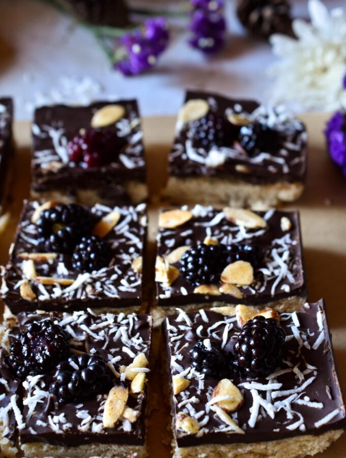 A close of two rows of cut Chocolate Blackberry Shortbread bars