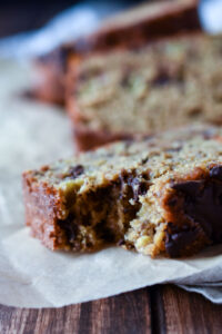 A slice of Chopped Chocolate Banana Bread with a bite taken.
