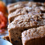 A close up of Cinnamon Orange Raisin Bread cut and staggered.