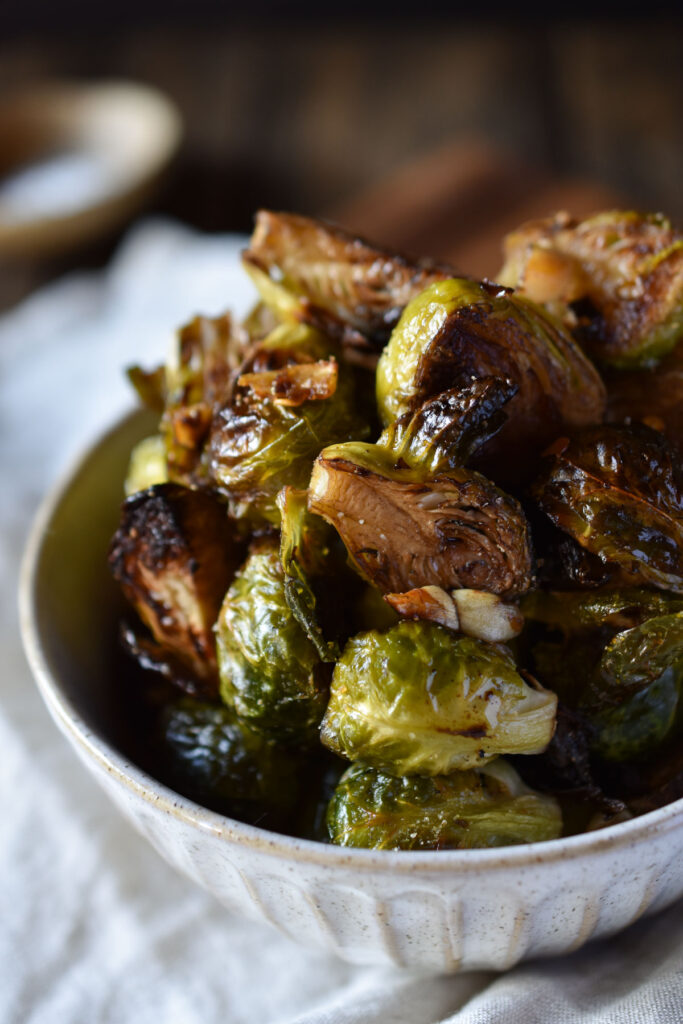A bowl of Roasted Garlic Balsamic Brussel Sprouts